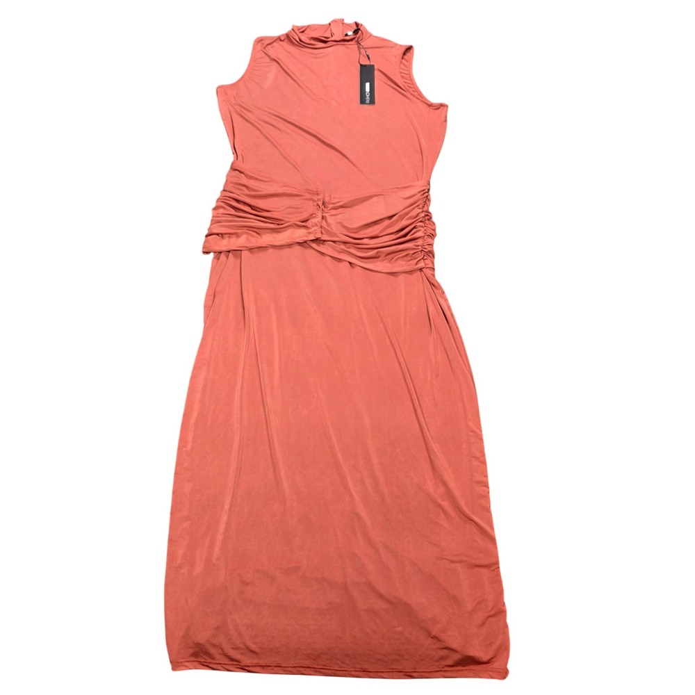 Fashion Nova Sleeveless Midi Dress Women's Size 2X Orange Rust Ruched Waist NWT